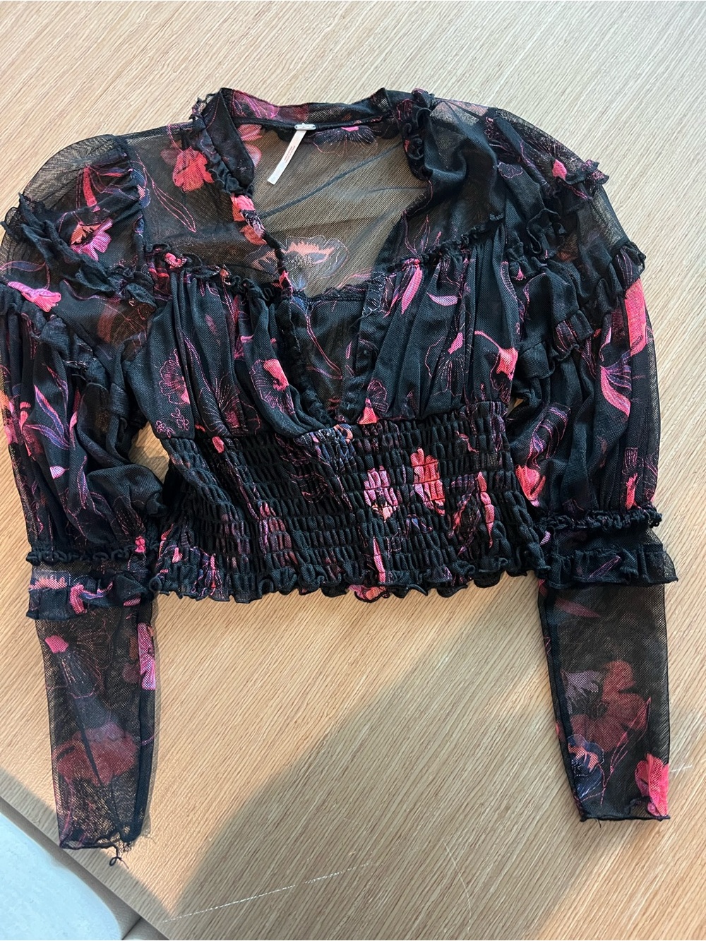 Free People Sheer Black Floral Smocked Crop Top - Women